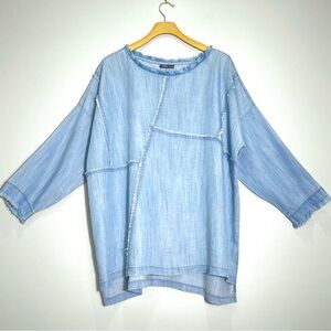 AP•NY Women's Patched Frayed Seams Chambray Long Sleeve Top SOFT! Size X-Large